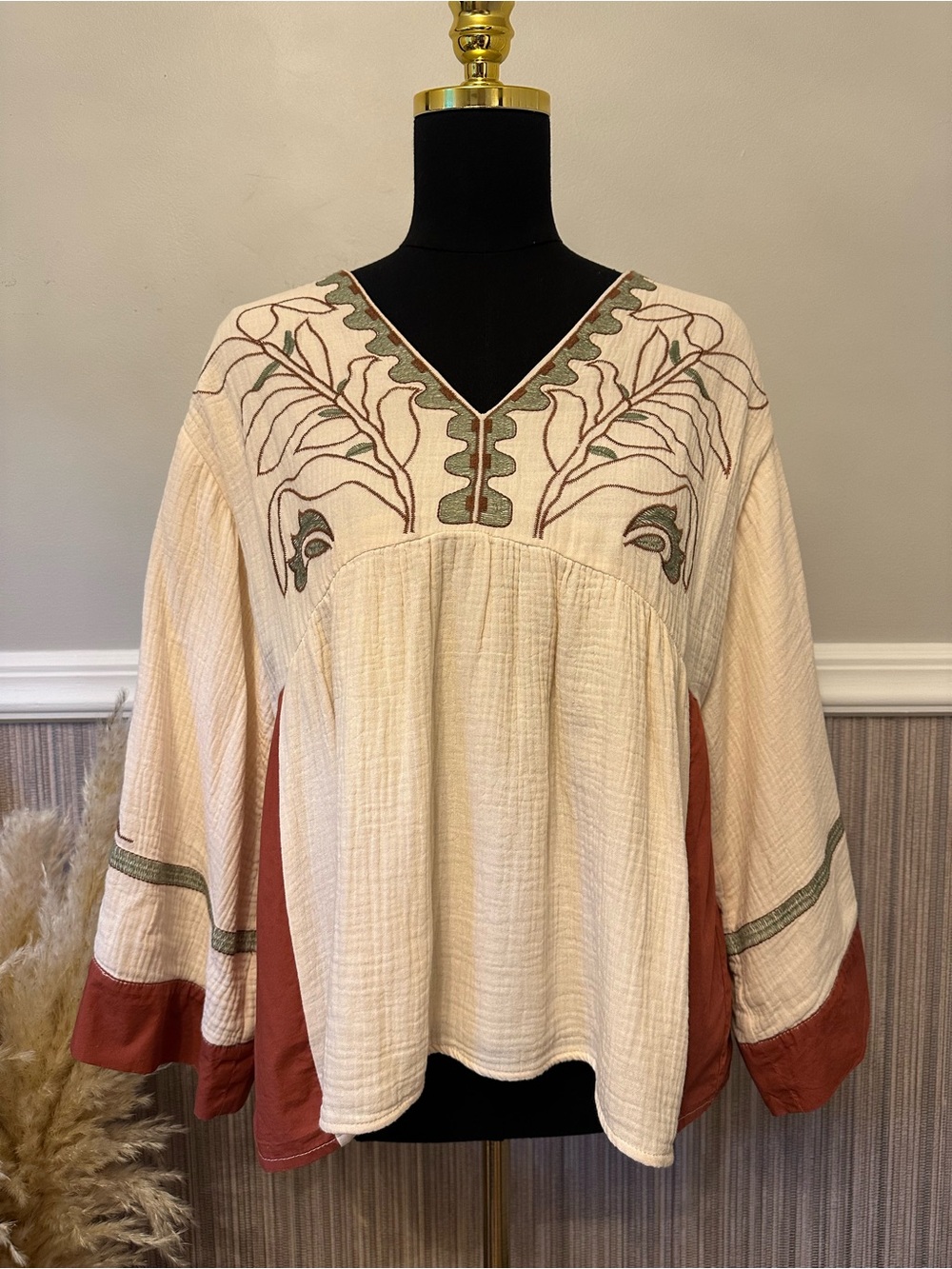 Jodifl Embroidered Gauze Boho Peasant Top Cream Rust Sage Small